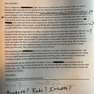 Owner&apos;s response to the state re complaint about being charged for items I didn&apos;t order.  I tried to work this out with the owner.