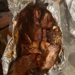 Sampler plate with brisket, tri tip chicken and links. Over sauced!