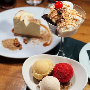 Cheesecake, Brownie sundae, sorbet trio