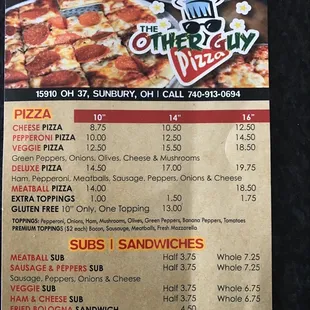 the menu for the pizza
