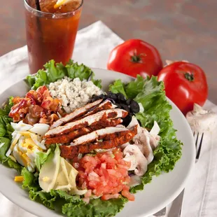 a plate of food and a drink