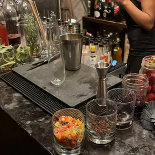Bar with some of the liquors and garnishes