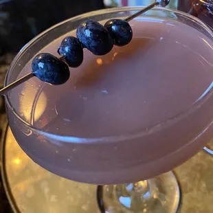 Turning Violet WHISKEY  * BLUEBERRY ORGEAT (ALMOND SIMPLE STRUP) * LEMON * AMARO NONINO * VIOLET LIQUEUR * BLUEBERRY GARNISH