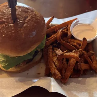 Fresh roll, local fresh meat and cheese.  Incredible sweet potato fries and fry sauce.