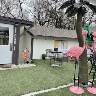 pink flamingos in the yard