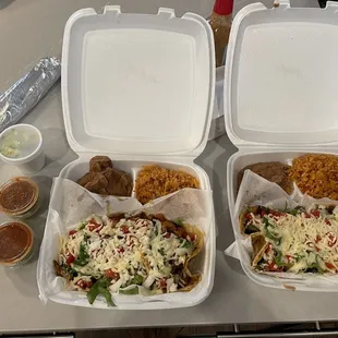 The &quot;big taco meal deal&quot; - 6 tacos, rice/beans, salsa, guac, &amp; 2 churros! $22