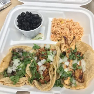 Combo Meal - 3 Steak Tacos,Rice &amp; Beans (from left to right: steak, chorizo, chicken)