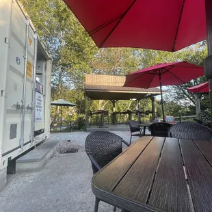 a picnic area with tables and umbrellas