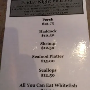 Friday fish menu