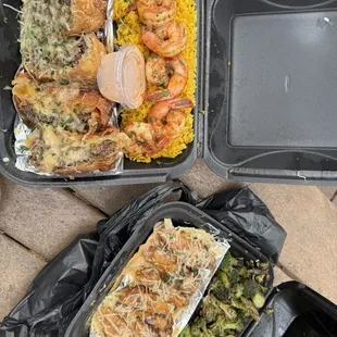 Steak egg rolls/shrimp/rice and Parmesan chicken wings