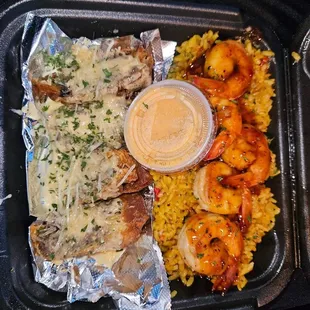 Philly cheese steak eggrolls and Shrimp rice combo