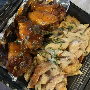 Wings &amp; shrimp pasta.. I can&apos;t stand the tails being left on in pasta.