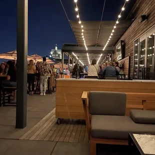a group of people at a rooftop bar