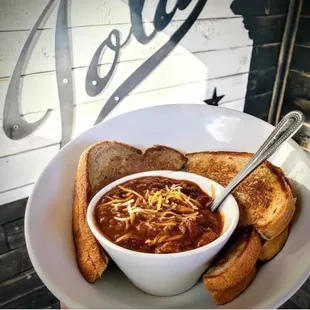 This chili and grilled cheese will hit the spot on a cold winter day.
