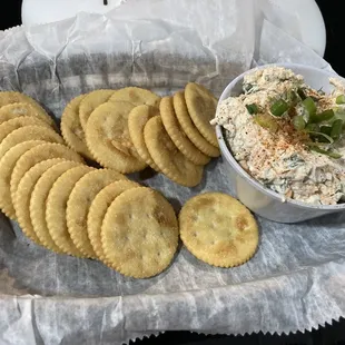 Smoked salmon dip- house smoked salmon, cream cheese, dill, capers and scallions