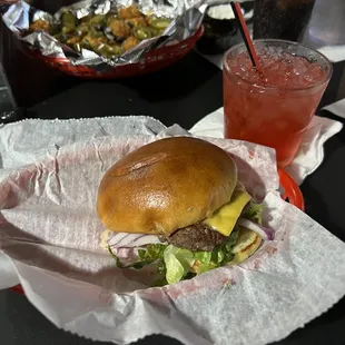 Happy Hour burger w/ $3 well drink.