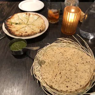 Spinach bread and Papadum.