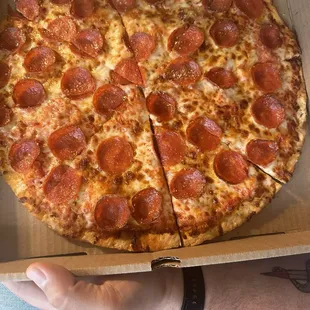 Large, thin crust, pepperoni pizza, well done, light sauce