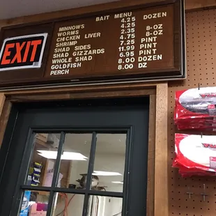 Inside live bait sign and prices