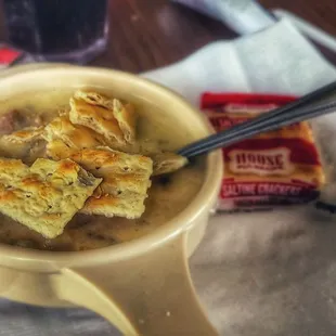 Clay chowder and crackers