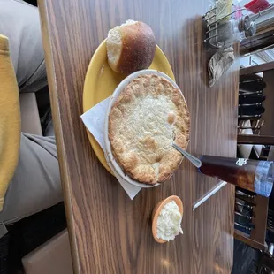 Chicken pot pie with a side of mashed potato's