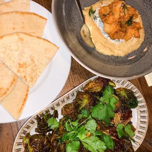 fried chicken hummus, brussel sprouts