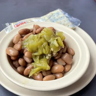 Complimentary beans and green chiles