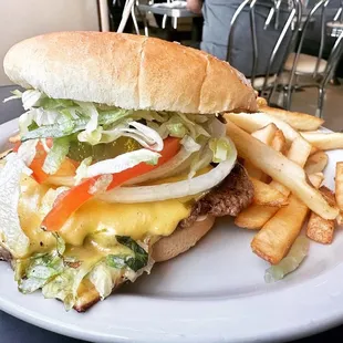 a cheeseburger and fries