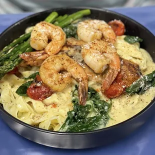 Blackened salmon with grilled shrimp