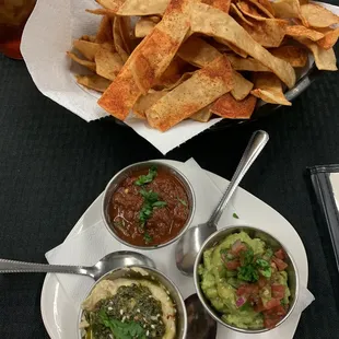 Chips, salsa, guacamole, and hummus