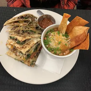Steak quesadilla, tortilla soup