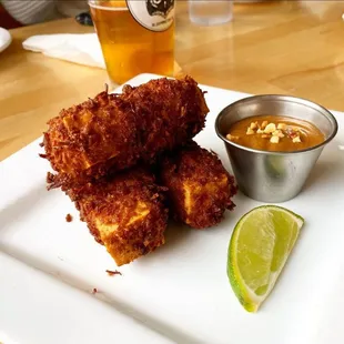 Coconut Macadamia Tofu with peanut dipping sauce. Personal fav!