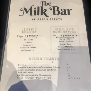 The Milk Bar menu