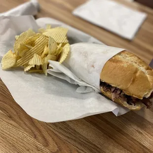 Hot Roast Beef sandwich w/ grilled jalapeños &amp; onions and cheese