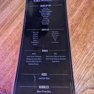 Beer &amp; Wine menu.