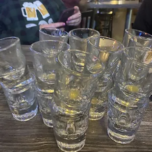 a table full of empty glasses