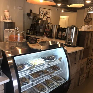 a display case of baked goods