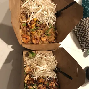 Northern and southern pad Thai. The one with shrimp is southern.