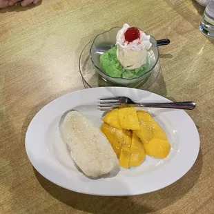 Mango sticky rice and ice cream with emerald sticky rice.