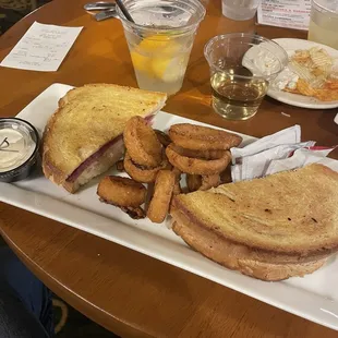 Rueben on sourdough, with upgrade to onion rings