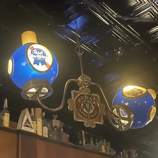 two blue lamps hanging from the ceiling