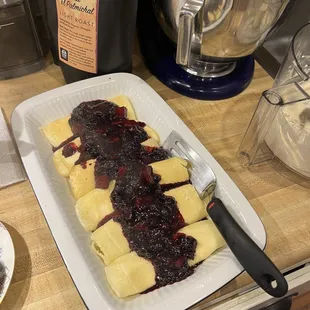 Gluten free crepes with cheese filling and blueberry compote!