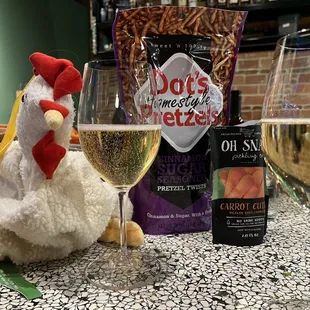 Champagne, Dots Pretzels, Oh Snap pickled carrots, NA Reisling