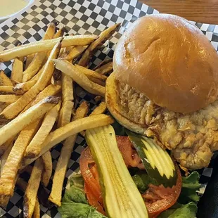 Pork tenderloin sandwich and fresh cut fries