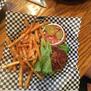 Lettuce wrapped smoked bacon burger with full order of fries