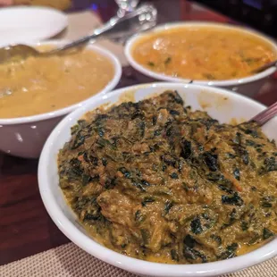 Goat saag, lamb korma, shrimp curry