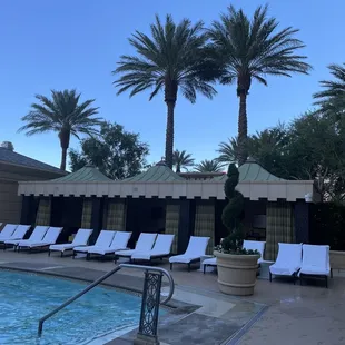 a row of lounge chairs near a pool