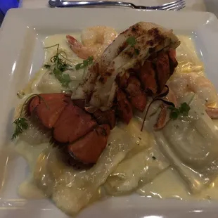Four cheese ravioli with lobster tail and shrimp special