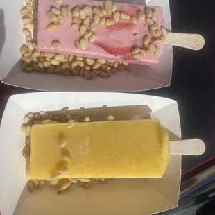 Strawberry paleta, mango paleta, both with piñon nuts
