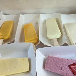Mango, banana, horchata, coconut, and strawberry paletas